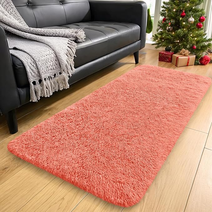 OLANLY 2x4 Machine Washable Runner Rugs for Hallway, Soft Fluffy Shaggy Bedside Rugs for Bedroom, Living Room, Indoor Floor Carpet for Kids Girls and Boys, Home Decor Aesthetic, Coral Red