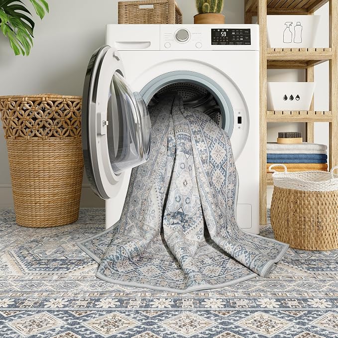 3x12 Runner Rug Kitchen Washable:Oriental Indoor Hallway Runners with Non Slip Backing Floor Mat for Entryway Door Low Pile Thin Carpet for Bedroom Bathroom Living Room Bedside (Blue, 3x12)