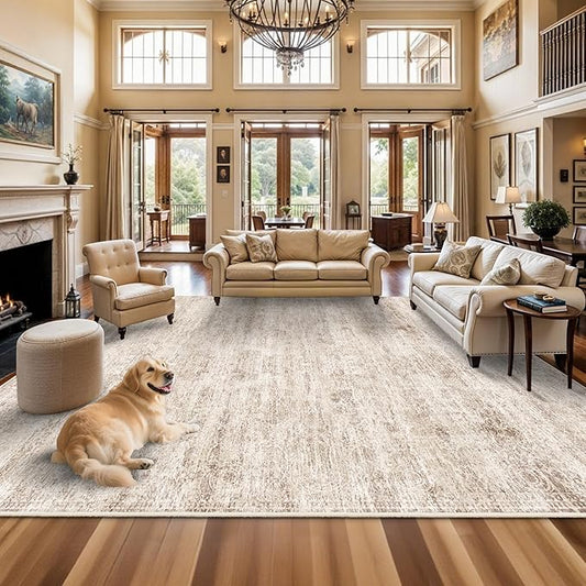 TOPRUUG Washable 12x18 Area Rug - Extra Large Rugs for Living Room Soft Low Pile Carpet for Bedroom Non-Slip Stain Resistant Vintage Indoor Floor Carpets (Beige Brown, 12x18)