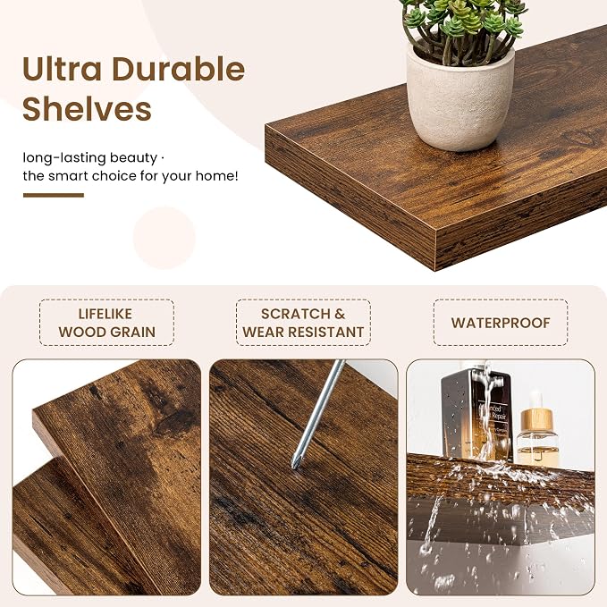 Marsmiles 40in Floating Shelves for Wall, 40" W x 9.25" D x 1.25" H, 2 Pack Long Wall Mounted Engineered Wood Shelves with Invisible Brackets for Living Room, Bedroom, Bathroom, Kitchen, Rustic Brown