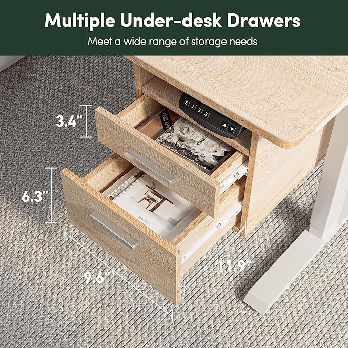 CubiCubi Standing Desk with Wood Drawers, 48" x 24" Electric Height Adjustable Table with Monitor Shelf, 3 Drawers and Open Storage, Computer Home Office Sit and Stand up Workstation, Maple