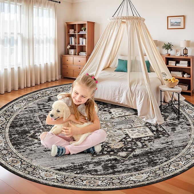 RUUGME 8ft Round Rugs for Living Room : Large Circle Rugs for Bedroom Ultra Soft Carpets with Non Slip Backing Stain Resistant Decoration Floor Mat for Kitchen Dining Room 8ft Black