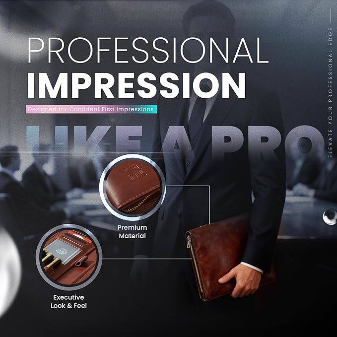 Leather Portfolio with Anti-RFID Protection, Business Portfolio with Zipper, Padfolio, Leather Portfolio for Men and Women, Vegan Leather Folder, Anti-Scam Technology Embedded, Business Impression
