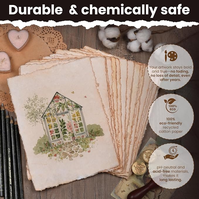 LEATHER VILLAGE Watercolor Paper - 7.5 X 11.5 inches, 50 Sheets - Mixed Media Watercolor Paper - 150 GSM Thick Deckle Edge Virgin Cotton Handmade Paper - Vintage Toned