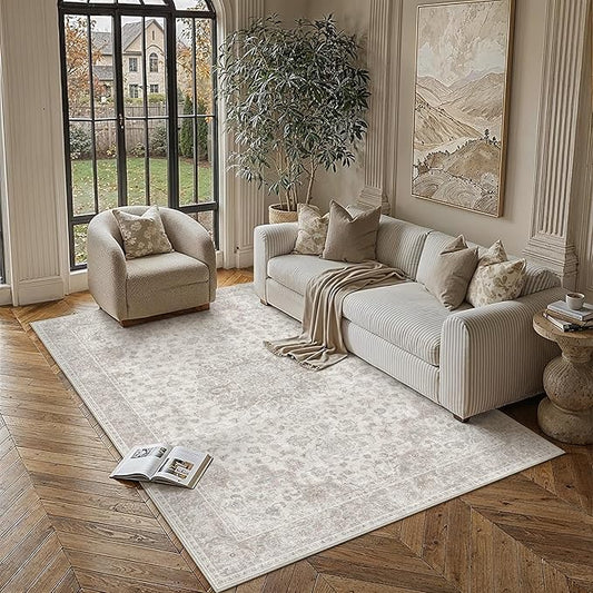 PureCozy 5x7 Area Rug Washable Neutral Beige Living Room Bedroom Vintage Carpet Non Slip Low Pile Soft Floral Indoor Throw Rug for Dining Room Kitchen Office