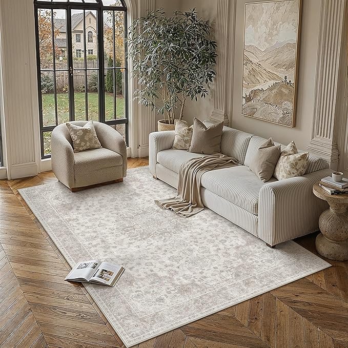 PureCozy 5x8 Area Rug Washable Neutral Beige Living Room Bedroom Vintage Carpet Non Slip Low Pile Soft Floral Indoor Throw Rug for Dining Room Kitchen Office