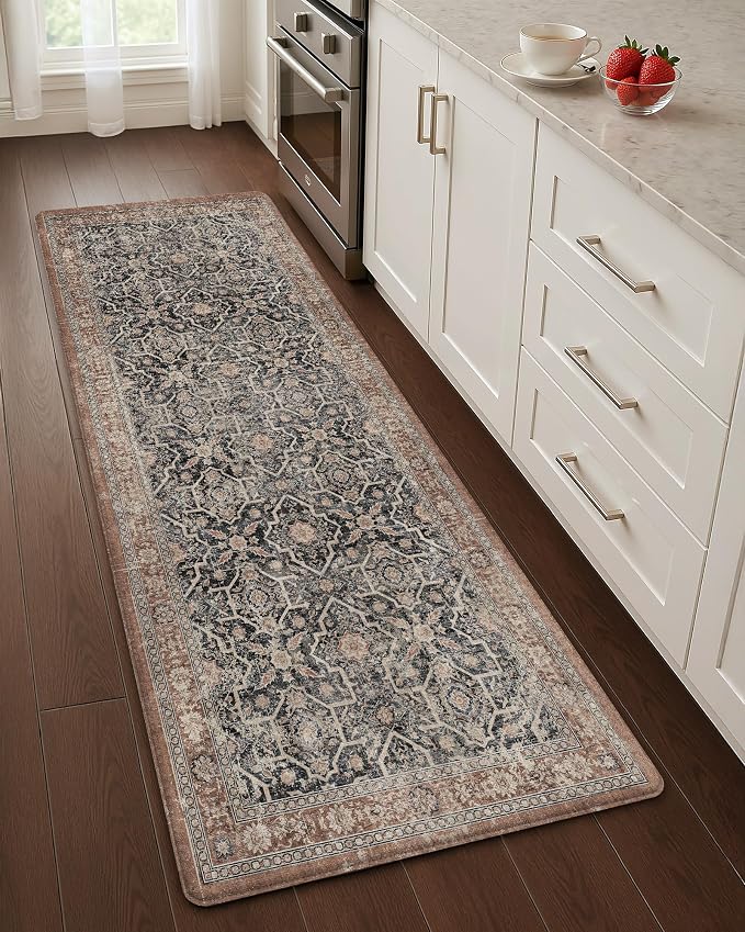 Color&Geometry Kitchen Floor Mat 24x59 Faded Vintage Anti Fatigue, Black | 0.4in Cushion Standing Mat For Cooking/Working/Laundry, Boho Decor, Non Slip PVC Kitchen Rug, Oil/Water Proof, Anti Slip