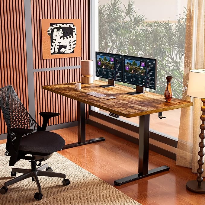 ErGear Height Adjustable Electric Standing Desk, 63 x 28 Inches Sit Stand up Desk, Memory Computer Home Office Desk, Vintage Brown