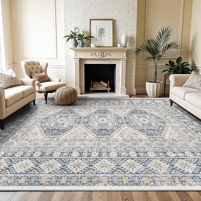 10x12 Area Rug for Living Room: Vintage Oriental Washable Rug for Bedroom Dining Room with Non Slip Rubber Backing Stain Resistant Low Pile Large Carpet Home Office (Blue, 10x12)