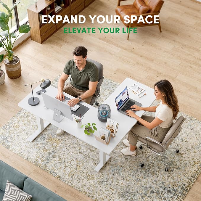 FEZIBO 63" x 55" L-Shaped Standing Desk - Adjustable Corner Desk L Shape, L-Shaped Adjustable Desk with Splice Board, L Shape Standing Desk, White
