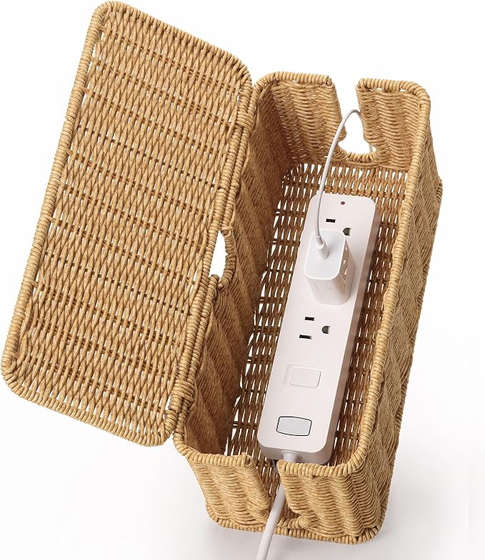 ZhiYo Rattan Cable Management Box, Brown Cord Organizer, 12.5" x 5" x 5.2" | Handwoven imitation rattan cord hider box conceals power strips and cables for a clean desk or floor setup