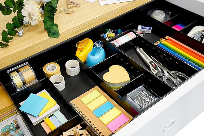 CAXXA 3 Slot Drawer Organizer with 4 Adjustable Dividers - 7 Compartments Junk Drawer Storage for Makeup & Vanity, Office Desk Supplies and Accessories, BLACK (2 pack)