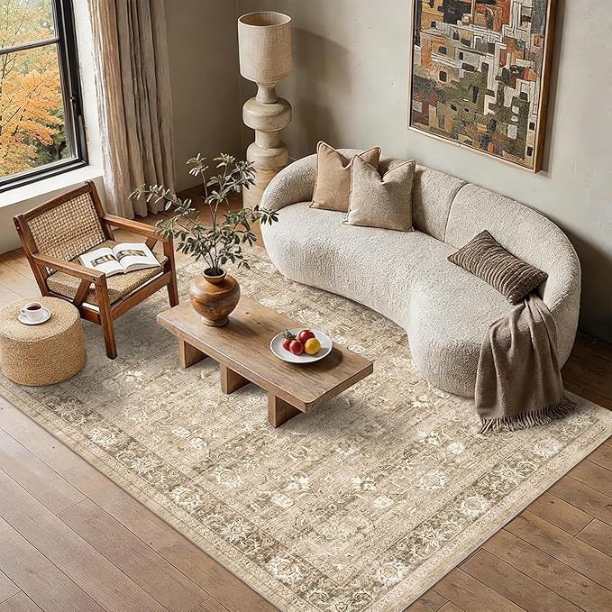 6x9 Beige Washable Area Rugs for Living Room Non Slip Low Pile Vintage Boho Throw Rug Khaki Soft Retro Distressed Floral Large Carpet Indoor for Bedroom Dining Room Office Kitchen Playroom