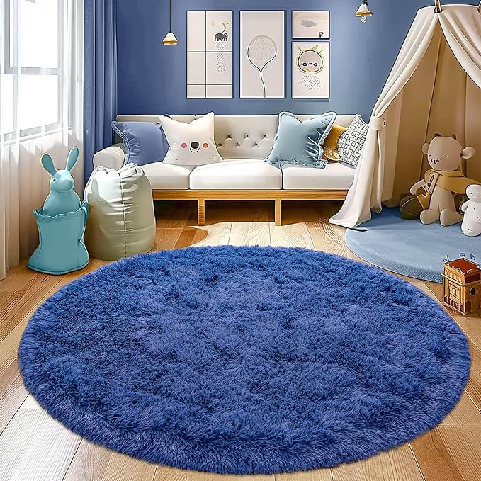 Awaytail Round Fluffy Circle Rug - 6FT Navy Blue Super Soft Shaggy Plush Furry Carpet for Kids & Teens Room
