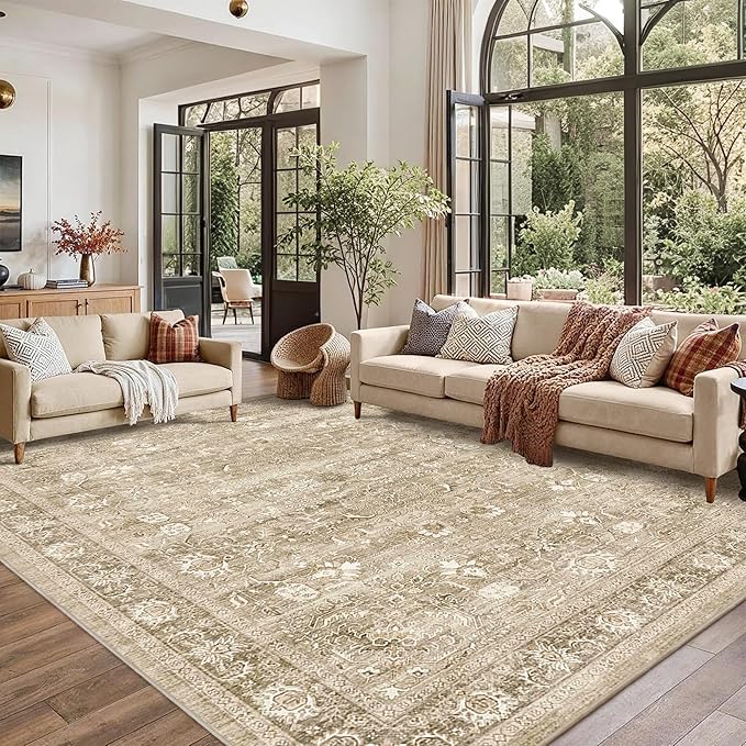 8x10 Beige Washable Area Rugs for Living Room Non Slip Low Pile Vintage Boho Throw Rug Khaki Soft Retro Distressed Floral Large Carpet Indoor for Bedroom Dining Room Office Kitchen Playroom