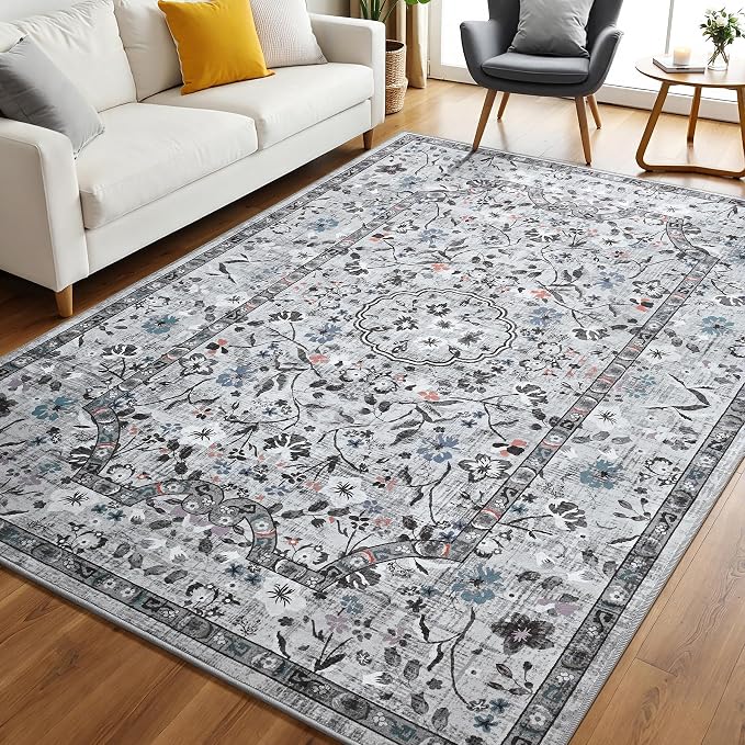 Vasofe 5x7 Rug for Living Room, Washable Rugs for Bedroom, Laundry, Dining Room, Vintage Floral Indoor Non Slip Carpet Farmhouse Grey Throw Carpets Soft Low Pile Mat for Dorm Bedside Office