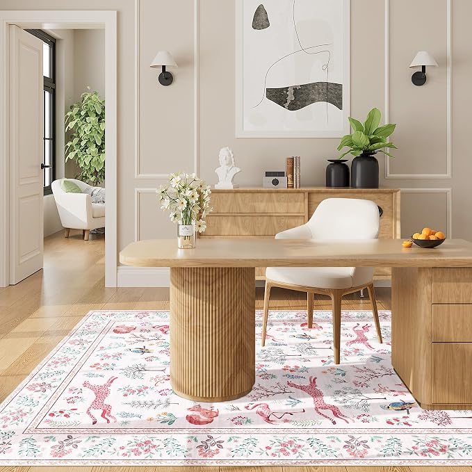 DUKINO 4x6 Rug, Washable Animal Area Rug with Non Slip Vintage Design, Indoor Soft Low Pile Carpet for Bedroom, Nursery, Dining Room, Farmhouse, Playroom, Pink