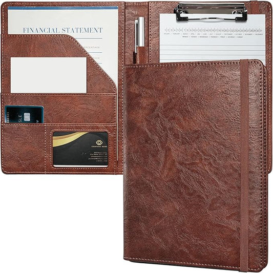 Mymazn Small Padfolio Clipboard Folder for 5x8 Inch Writing Pads, Compact A5 Portfolio for Business Office, Vintage Brown