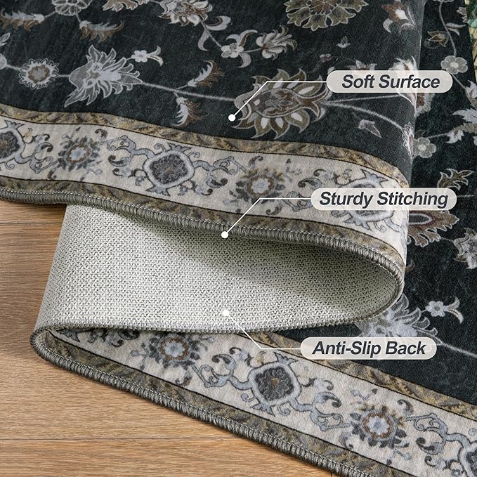 Tangsoo Black 2.6x10 Washable Runner Rug for Hallways, Floral Vintage Runner Rug Non Slip, Oriental Soft Low Pile Long Rug Runner, Black Carpet Runners for Kitchen Bedroom Entryway Living Room