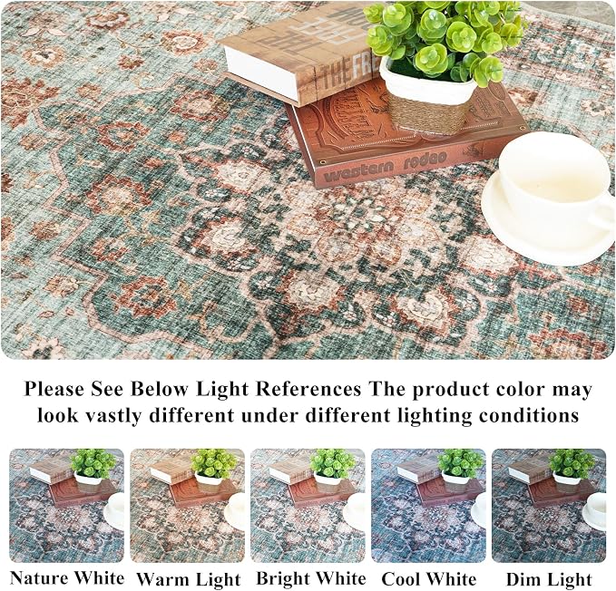 TOPRUUG Washable Oriental Area Rug - 9x12 Rugs for Living Room Soft Carpet for Bedroom Waterproof Floral Distressed Indoor Stain Resistant Non-Shedding Floor Carpets (Green, 9x12)