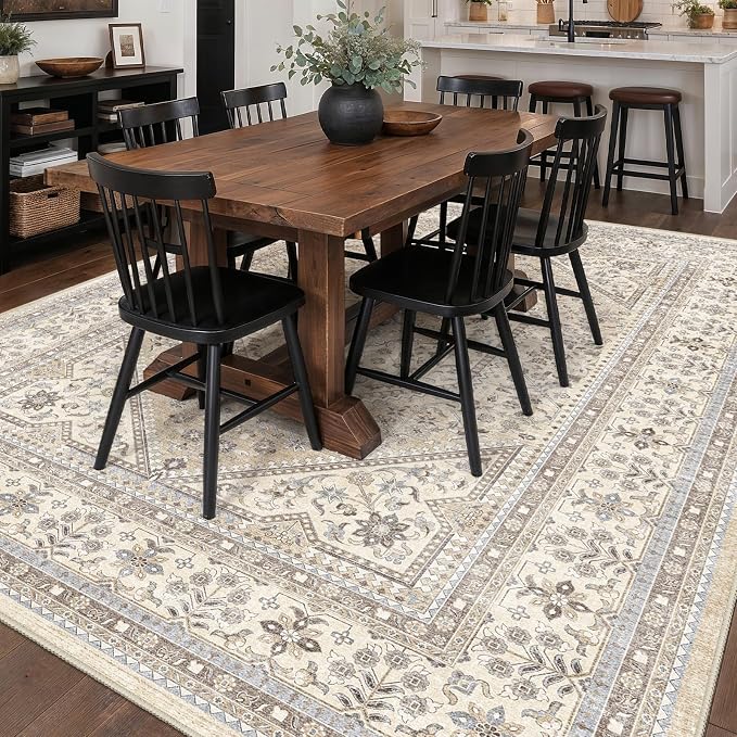7x10 Washable Vintage Area Rug: Oriental Rugs for Living Room Non Slip Stain Resistant Large Indoor Carpet with Rubber Backing for Bedroom Soft Low Pile Floor Mat for Dining Room Home Office Decor