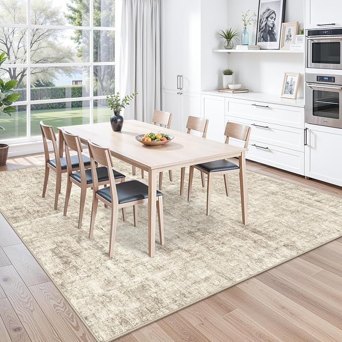 10x10 ft Square Living Room Rug – Washable Modern Abstract Area Rug for Bedroom, Dining Room, Playroom – Neutral Non-Slip Low-Pile Thin Indoor Carpet (Warm Beige)