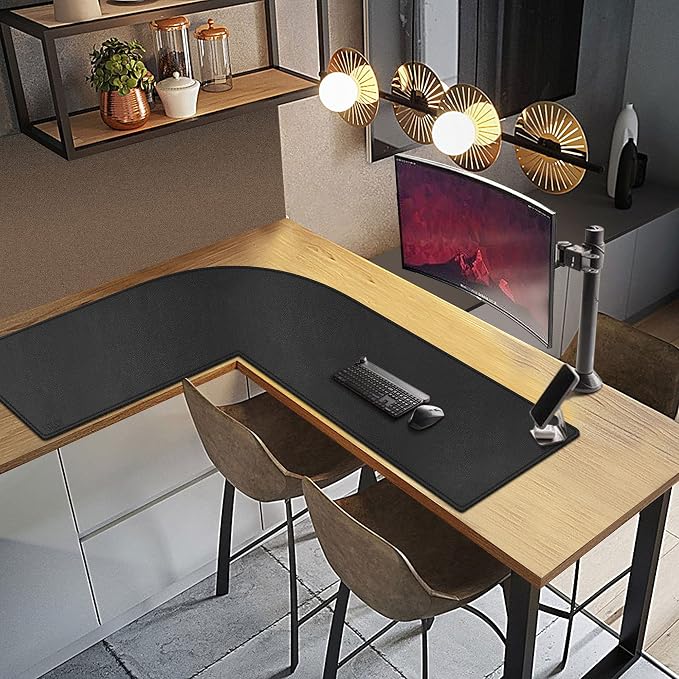 Cacoy 47" x 51" L Shaped Desk Pad, PU Leather Corner Desk Mat, Waterproof L-Shape Mouse Pad for Gaming Computer Home Office, Workstation Writing Desk Blotters Protector, Black