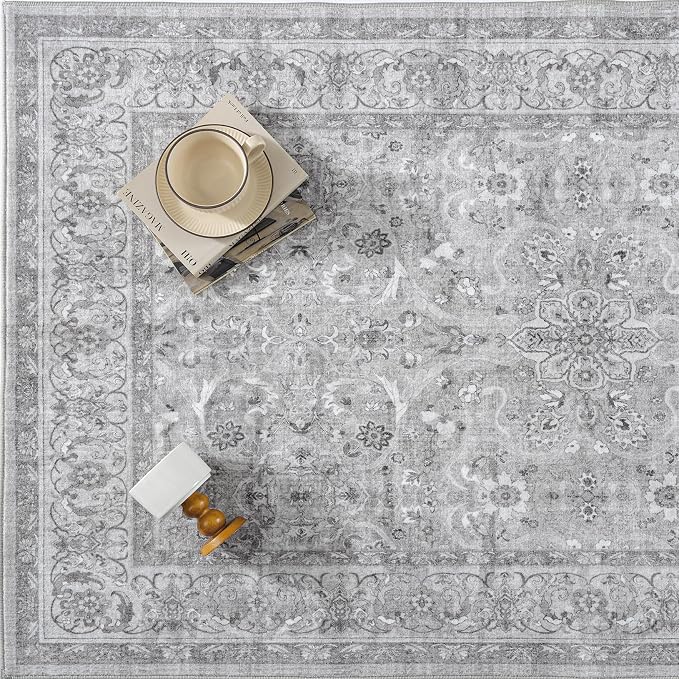 PureCozy Gray 6x9 Area Rug Washable Vintage Living Room Carpet Bedroom Large Indoor Non Slip Soft Low Pile Thin Stain Resistant Distressed Accent Throw Rug for Dining Office Nursery