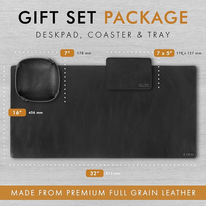 ELIZO Leather Desk Pad Real Leather Desk Mat Thick (3mm) Double Layer (32x16) Cover Blotter Desk Protector Large Computer Mat for Keyboard Mouse Pad Table Laptop Mat Office Accessories - Carbon