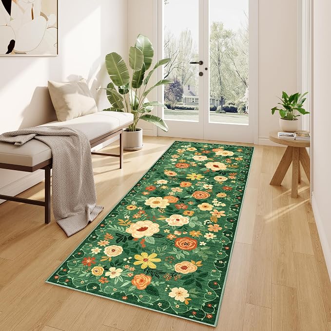 DUKINO Runner Rug, 2.6x8 Kitchen Rug for Hallway with Non Slip Backing, Washable Low Pile Soft Boho Floral Runner Carpet for Hallway, Kitchen, Entryway, Laundry, Bedroom, Dark Green