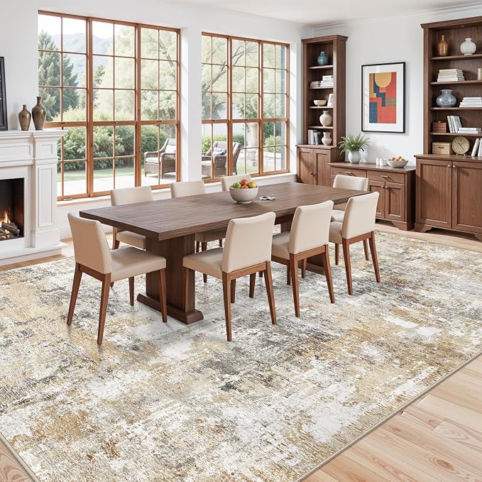 12x15 Area Rug for Living Room – Large Modern Neutral Abstract Thin Washable Carpet, Soft Low Pile Non-Slip Stain-Resistant for Bedroom Dining Room Home Office (Gold Grey)