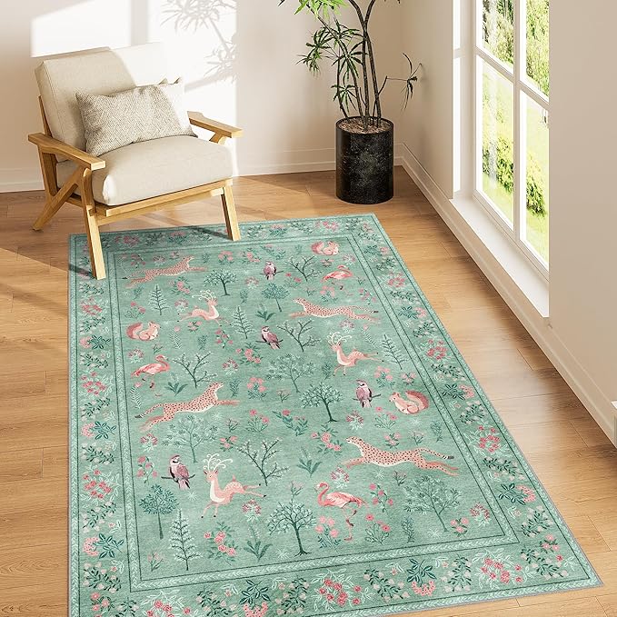 DUKINO 3x5 Rug, Washable Animal Area Rug with Non Slip Vintage Design, Indoor Soft Low Pile Carpet for Bedroom, Nursery, Dining Room, Farmhouse, Playroom, Teal
