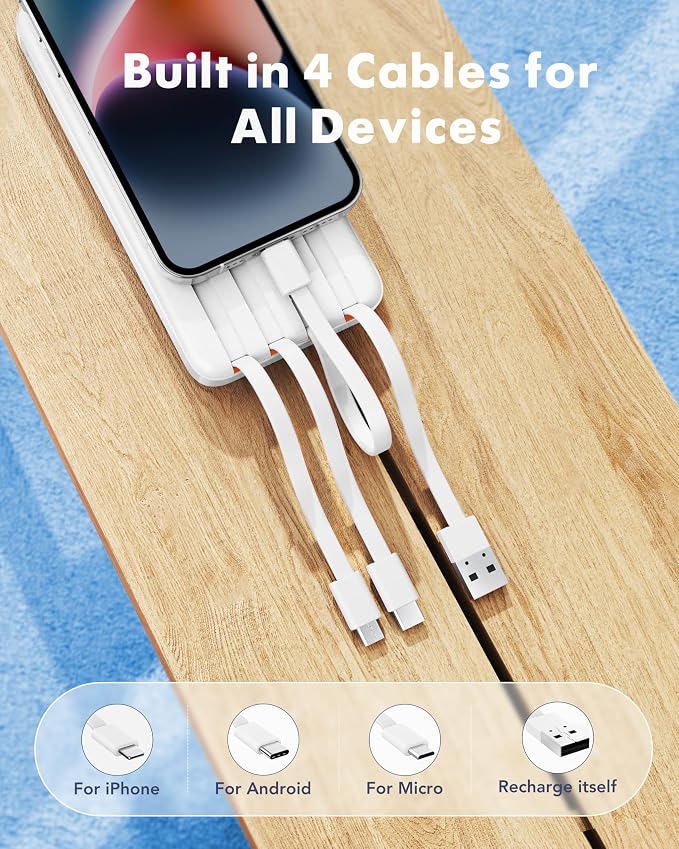 charmast 20000mAh Portable Charger with Built in Cables, 22.5W Travel Power Bank Fast Charging, USB C Cell Phone Battery Pack for iPhone 17/16/15/14/13/12 Series, iPad, Samsung, Android, Tablet