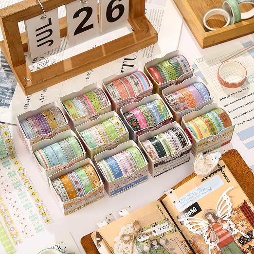 60 Rolls Cute Washi Tape Pack Basic Mini Adhesive Tapes Stars, Plaids, Florals, Grids & Dots Patterns Decorative Masking Tape Sets for Craft, Kids, Scrapbook, DIY, Gift Wrapping (Kawaii)