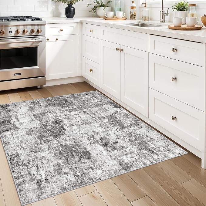 3x3 Square Entryway Rug Washable – Non-Slip Small Area Rug for Kitchen or Bathroom, Soft Low-Pile Indoor Mat, Modern Abstract Thin Door Carpet (Grey)