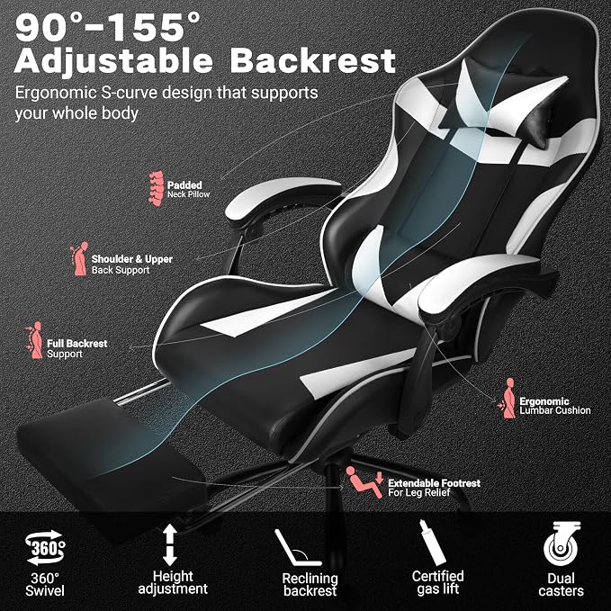 Gaming Chair with Footrest and Lumbar Support, Height Adjustable Chair with 360°Office Desk Chair,Heavy Duty 330lbs Computer Chair for Adults