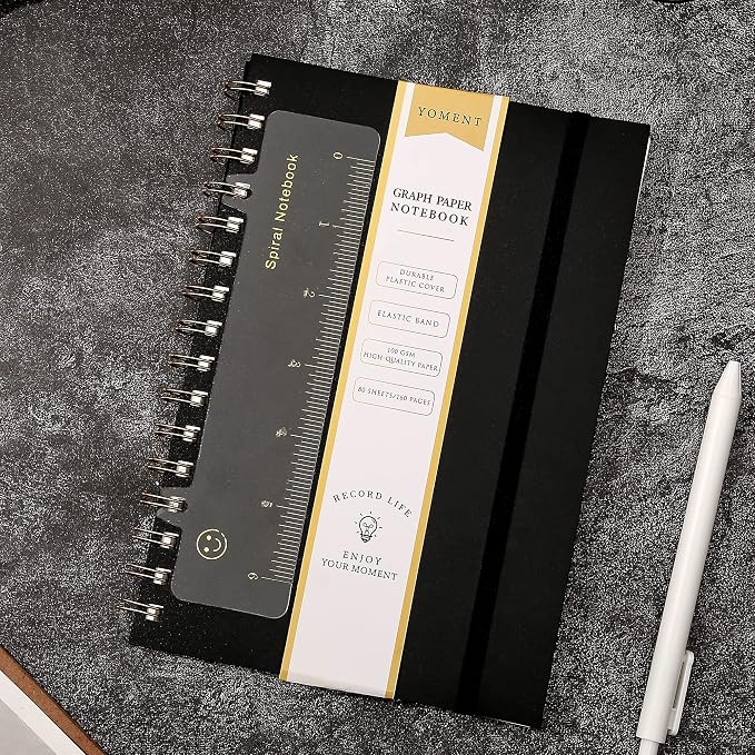Yoment Graph Paper Spiral Notebook A5 Graphing Notebook 160 Pages Graph Paper Notebook Spiral Bound Waterproof Plastic Hardcover Spiral Journal 5x7 Grid Notebooks for Note Taking,Black