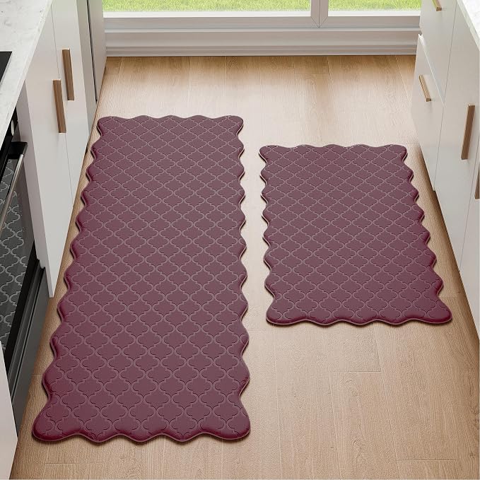 Arenarug Upgrade Scalloped Embossed Kitchen Mats for Floor 2PCS Cushioned Anti Fatigue Waterproof Foam Kitchen Rugs Non Slip Washable Comfort Standing Mat for Sink Laundry, 17.3"x30"+17.3"x47", Red