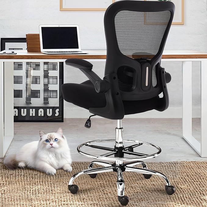 400LBS Drafting Chair,Executive Tall Office Chair with Adjustable Lumbar Support Foot Ring,Comfy W-Shape Thicken Cushion Mesh Chair,Task Chair Padded Flip-up Armrest for Home Office,Black