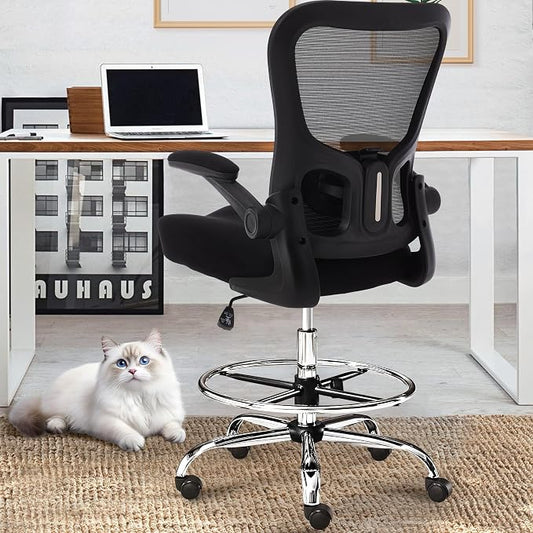 400LBS Drafting Chair,Executive Tall Office Chair with Adjustable Lumbar Support Foot Ring,Comfy W-Shape Thicken Cushion Mesh Chair,Task Chair Padded Flip-up Armrest for Home Office,Black