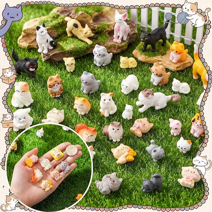 Giegxin 40 Pcs Mini Cat Statue Resin Charms Mixed Kitten Animal Figures Micro Landscape Accessories Cute Embellishments Bulk for DIY Craft Jewelry Making