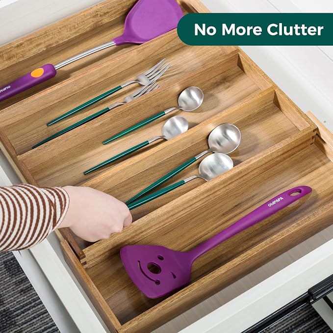 Utoplike Acacia Kitchen Drawer Organizer Expandable, Utensils Cutlery Tray | Large Silverware Divider for Knives, Flatware, Knives in Kitchen, Bedroom, Living Room, Adjustable 3-5 Slots