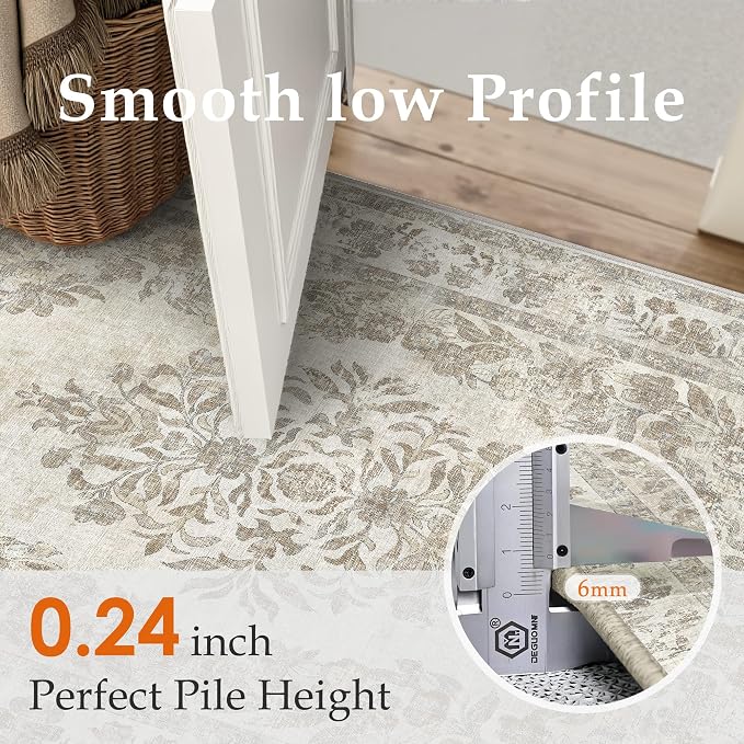 PureCozy 5x8 Area Rug Beige Washable Vintage Distressed Living Room Carpet Large Bedroom Indoor Neutral Medallion Floral Non Slip Retro Throw Floor Mat for Office Dining Room Kitchen Bathroom