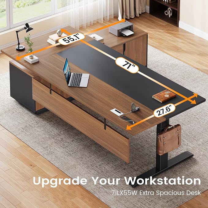 SEDETA Executive L Shaped Electric Standing Desk, 71" Height Adjustable Executive Desk with 3 Drawers and Cabinet, Sit Stand Up Home Office Desk with Power Outlets & Side Hook, Brown