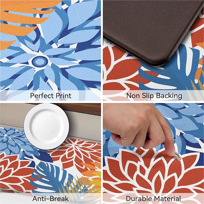 Arenarug Kitchen Mats for Floor 2PCS Cushioned Anti Fatigue Kitchen Mats Waterproof Non Slip Kitchen Mat Rug Set Comfort Foam Standing Mat for Sink, Laundry, Office,17.3" x 28" + 17.3" x 47", Red Blue