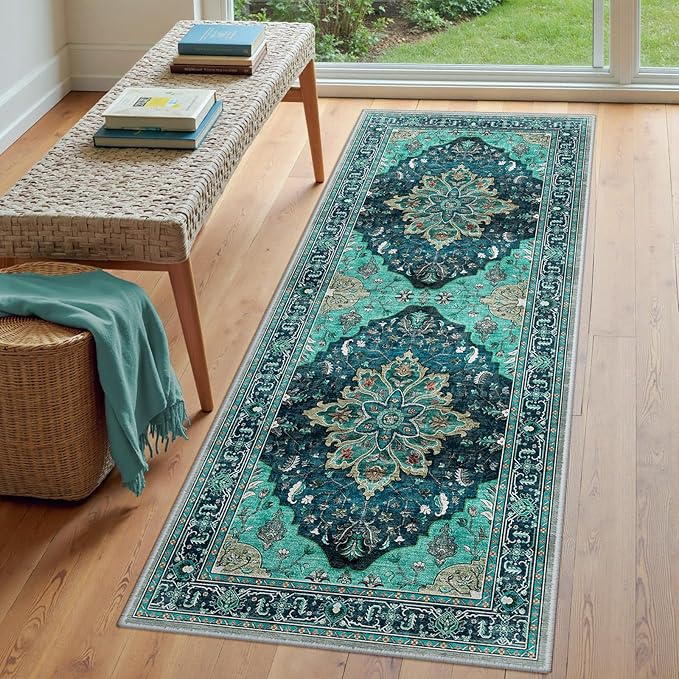 RELEANY Area Rugs Runner 3'x6' Washable Non-Slip, Floral Vintage Distress Medallion Carpet for Kitchen Hallway Bedroom Beside Laundry Room Bathroom, Teal Green Lake Blue Turquoise