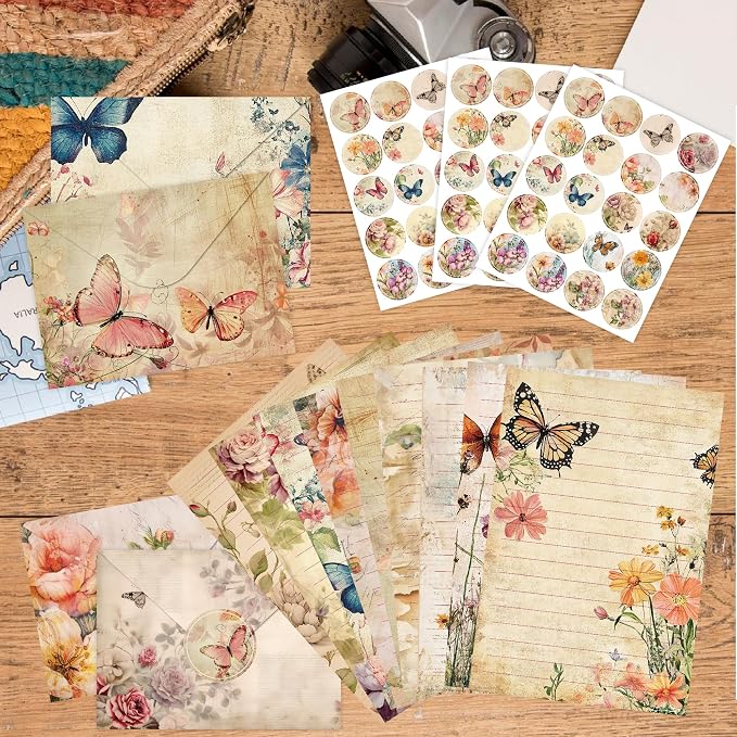 FUNCLASS 160 Pcs Stationery Set Letter and Envelopes – 50 Lined Stationery Paper and 50 Matching Envelopes, 5.5 x 8.25 Inches Letter Writing Stationery for Home, Office, School (Vintage Butterfly)