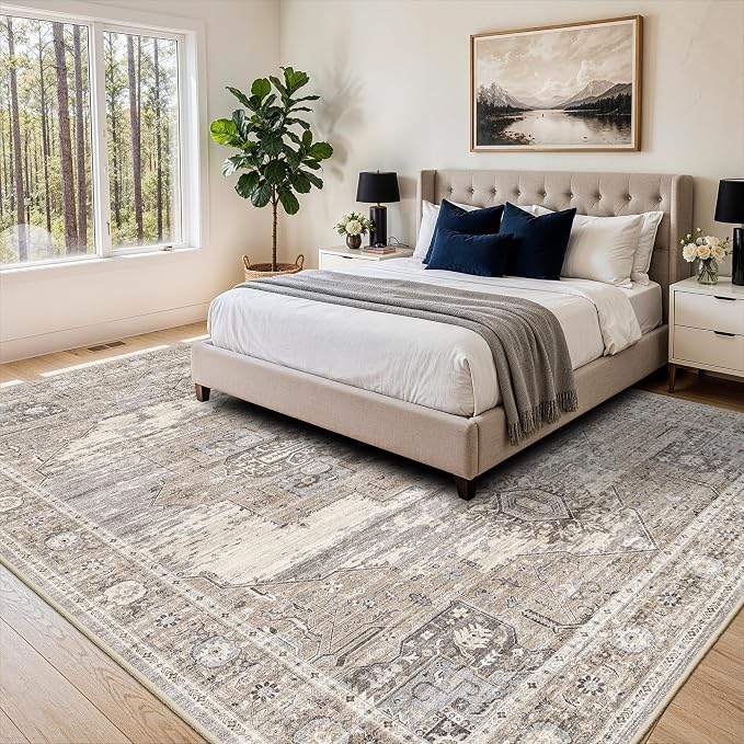 Washable Vintage 8x11 Area Rugs, Indoor Large Living Room Rugs Low Pile Soft Carpet with Non-Slip Backing, Stain Resistant and Easy Care Room Decor Mat for Bedroom Dining Room Office 8x11 Beige