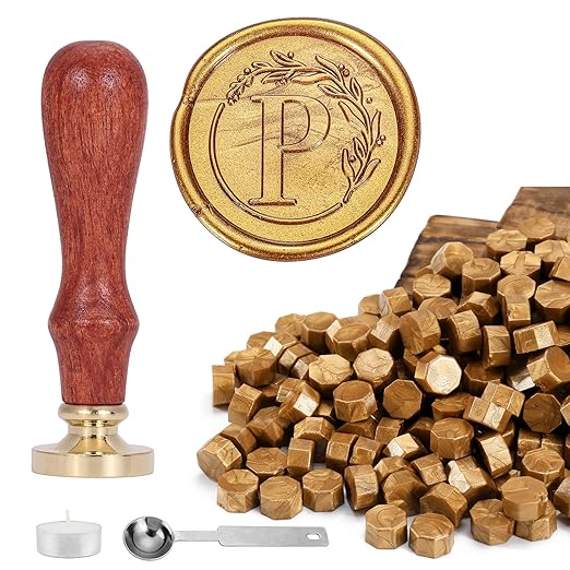 Yoption Letter Wax Seal Kit, Vintage Initial Alphabet P With Wreath Stamp and 120 Antique Gold Seal Beads