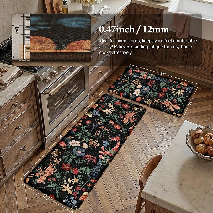 PureCozy Kitchen Mats 2PCS Anti Fatigue Cushioned Mat Non Slip Floral Boho Kitchen Mats for Floor Waterproof Comfort Standing Black Rug for Sink Laundry Office Desk 17.3"x59"+17.3"x30"
